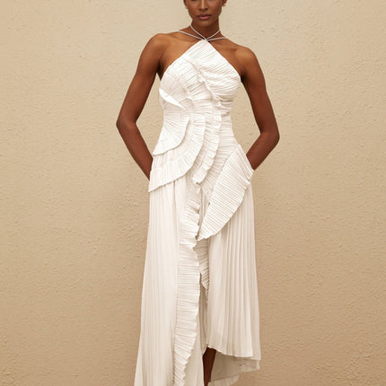 Eleonora White Midi Dress with Halterneck and Pleated Detailing