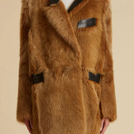 Elettra Brown Dress Sunset Glow fur coat full sleeves medium length solid pattern real fur material luxury opulence sophistication elegance high street design premium fabrics versatile refined chic sartorial masterpiece American English