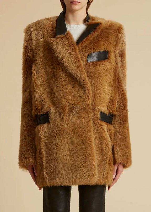 Elettra Brown Dress Sunset Glow fur coat full sleeves medium length solid pattern real fur material luxury opulence sophistication elegance high street design premium fabrics versatile refined chic sartorial masterpiece American English