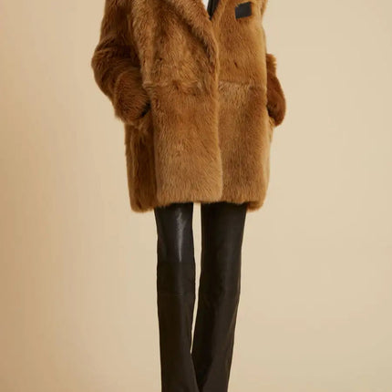 Elettra Brown Dress Sunset Glow fur coat full sleeves medium length solid pattern opulent sophisticated chic
