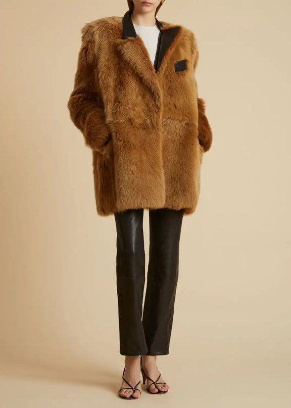 Elettra Brown Dress Sunset Glow fur coat full sleeves medium length solid pattern opulent sophisticated chic