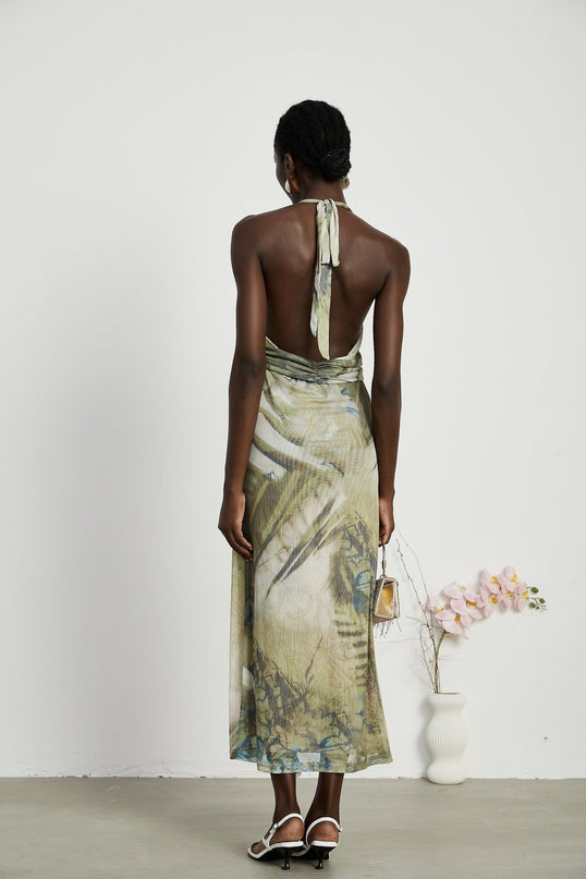 Éliane Green Halterneck Midi Dress with Pearl Embellishments and Ombre Print