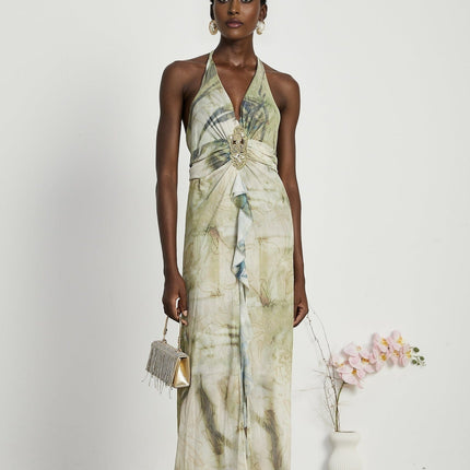 Éliane Green Halterneck Midi Dress with Ruffled Slit and Pearl Embellishments