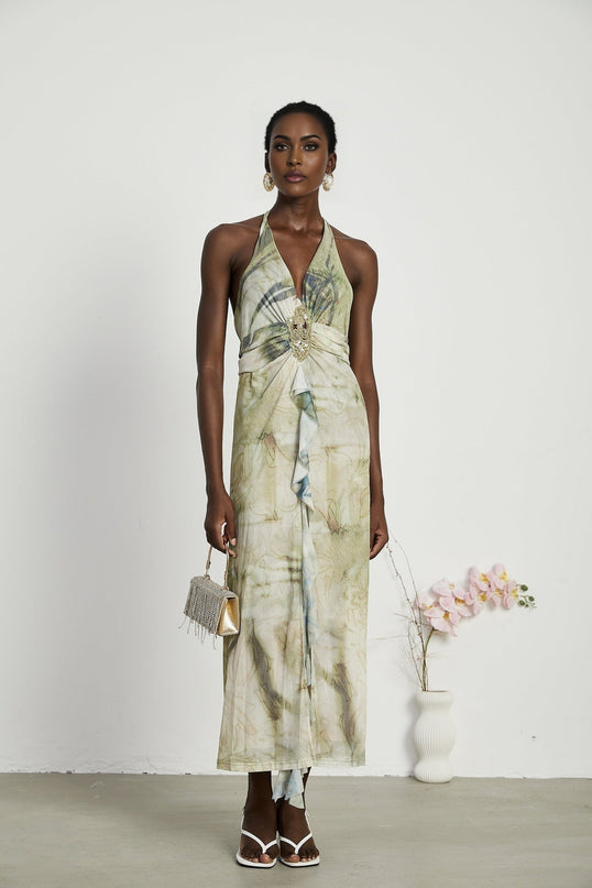 Éliane Green Halterneck Midi Dress with Ruffled Slit and Pearl Embellishments