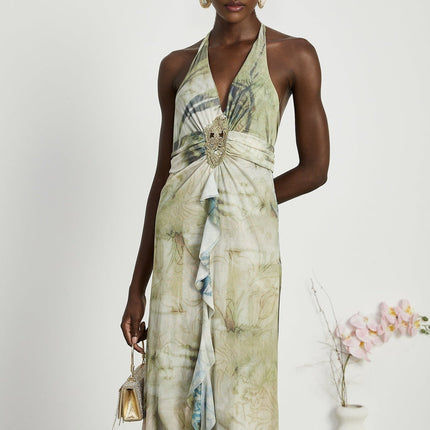 Éliane Green Halterneck Midi Dress with Ruffled Slit and Pearl Embellishments