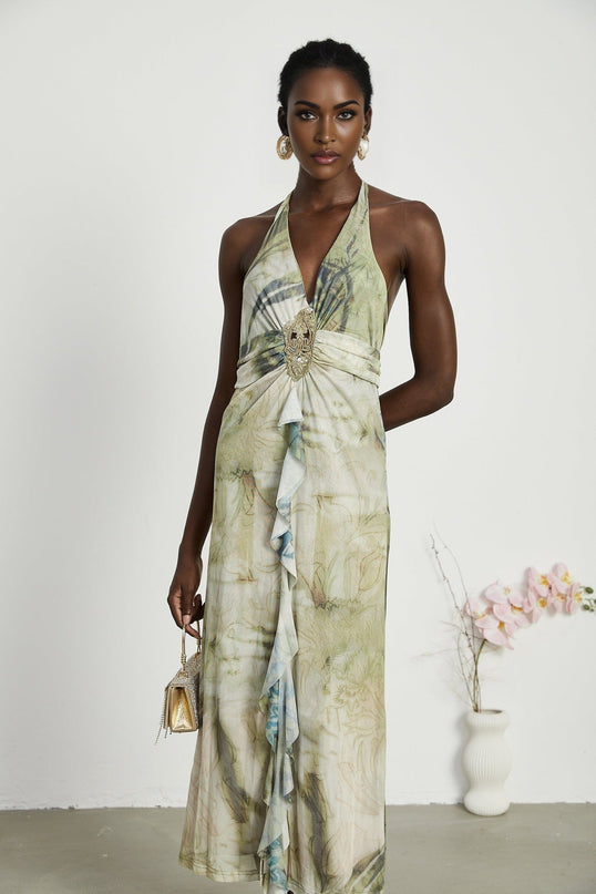 Éliane Green Halterneck Midi Dress with Ruffled Slit and Pearl Embellishments