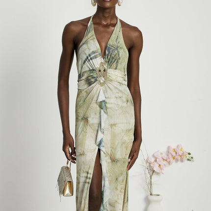 Éliane Green Halterneck Midi Dress with Ruffled Slit and Pearl Embellishments