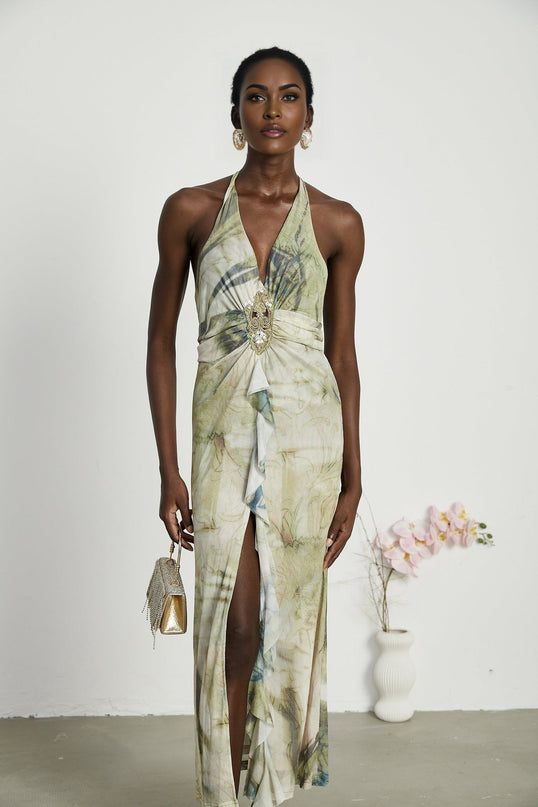 Éliane Green Halterneck Midi Dress with Ruffled Slit and Pearl Embellishments