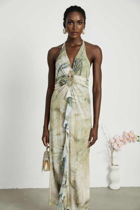 Éliane Green Halterneck Midi Dress with Ruffled Slit and Pearl Embellishments