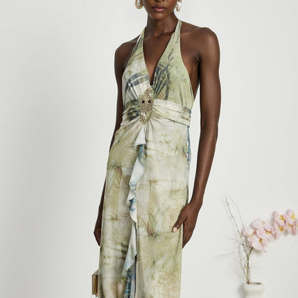 Éliane Green Halterneck Midi Dress with Ruffled Slit and Pearl Embellishments
