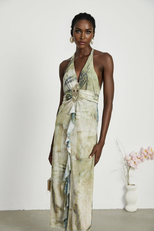 Éliane Green Halterneck Midi Dress with Ruffled Slit and Pearl Embellishments