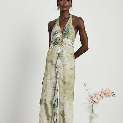 Éliane Green Halterneck Midi Dress with Pearl Embellishments and Ombre Print