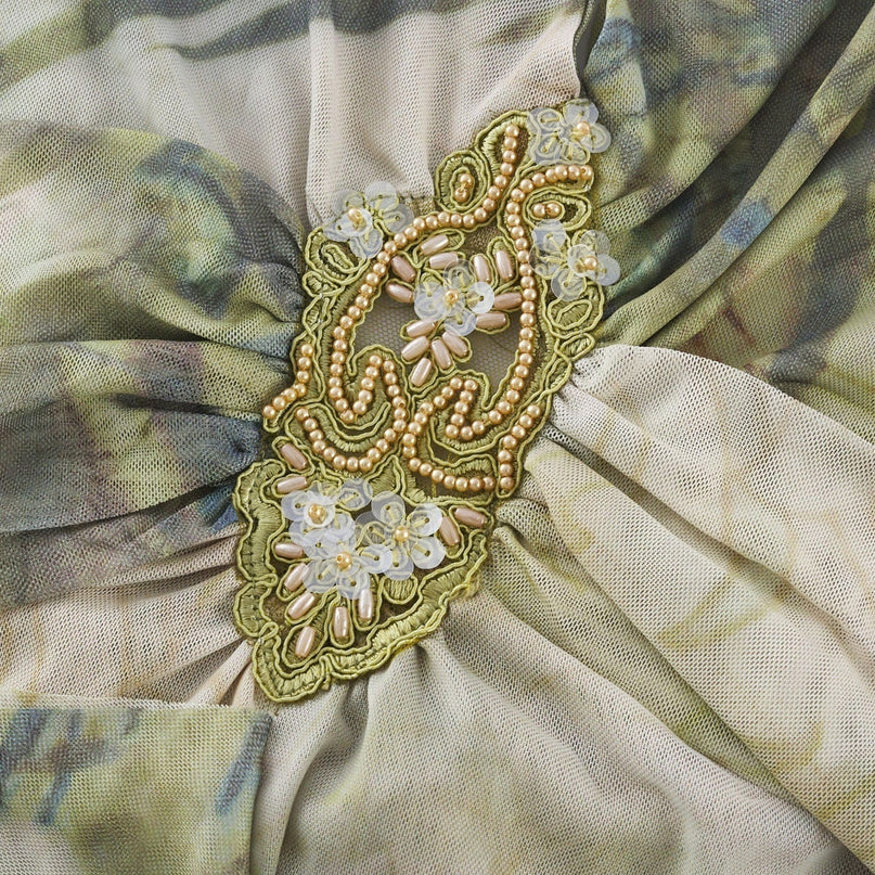 Éliane Green Ombre Halterneck Midi Dress with Pearl Embellishments