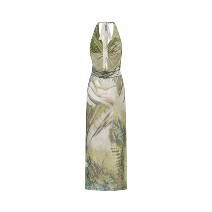 Éliane Green Ombre Halterneck Midi Dress with Pearl Embellishments