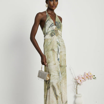 Éliane Green Ombre Halterneck Midi Dress with Pearl Embellishments