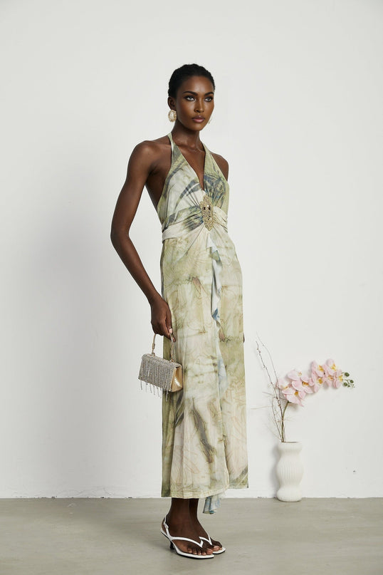 Éliane Green Ombre Halterneck Midi Dress with Pearl Embellishments