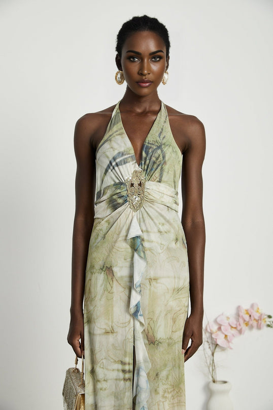 Éliane Green Ombre Halterneck Midi Dress with Pearl Embellishments