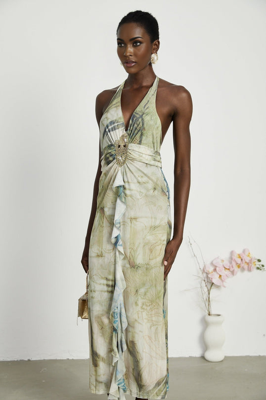 Éliane Green Ombre Halterneck Midi Dress with Pearl Embellishments
