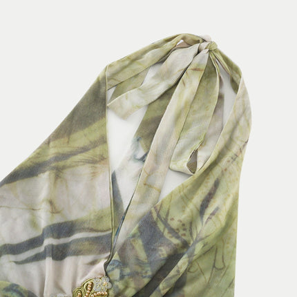 Éliane Green Ombre Halterneck Midi Dress with Pearl Embellishments