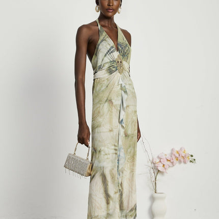 Éliane Green Ombre Halterneck Midi Dress with Pearl Embellishments and Open Back