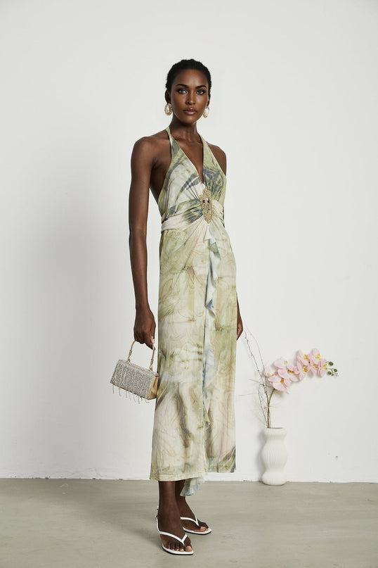Éliane Green Ombre Halterneck Midi Dress with Pearl Embellishments and Open Back