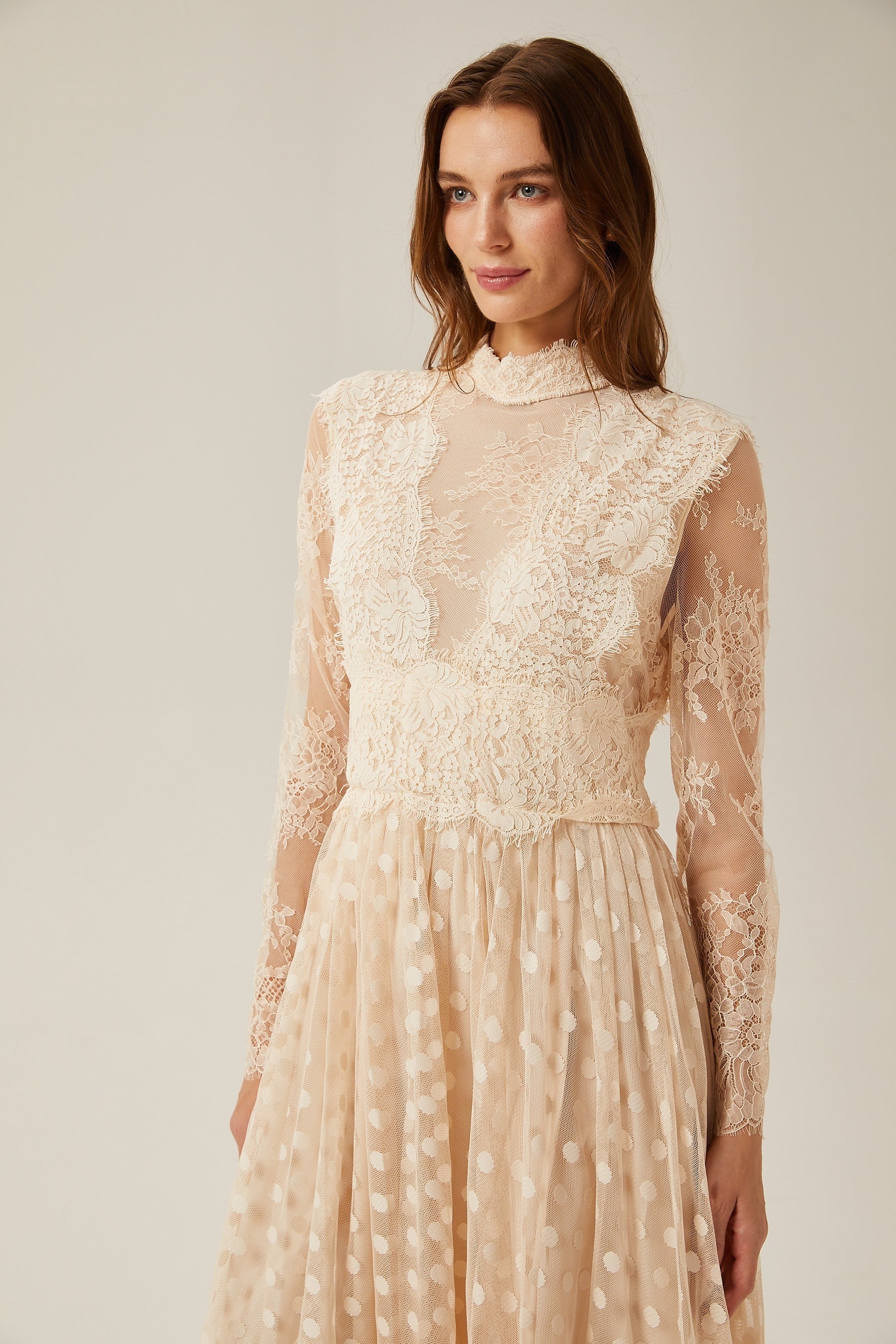 Éliane polkadot laceembroidered midi dress
