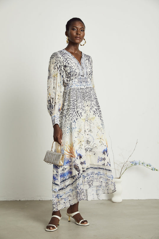 Elida buttonfront ruffled maxi dress