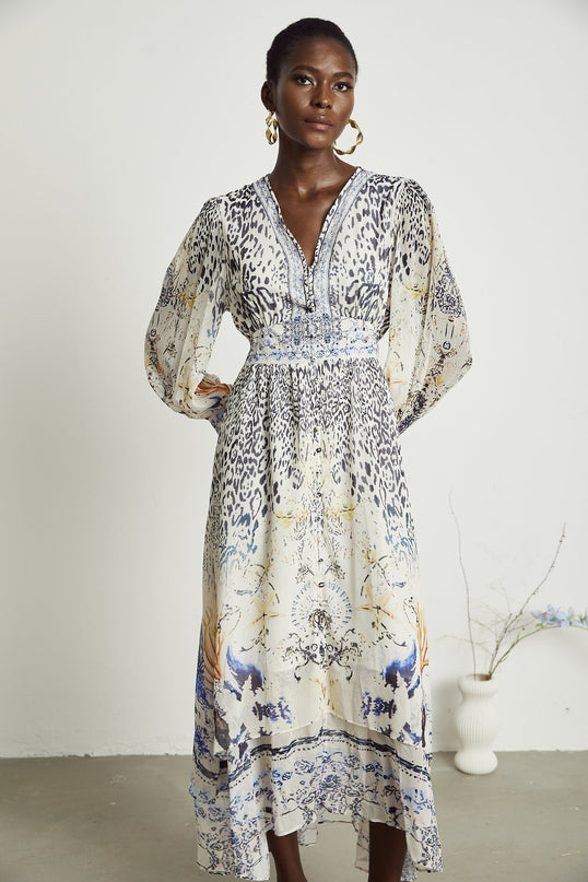 Elida buttonfront ruffled maxi dress