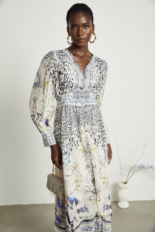 Elida buttonfront ruffled maxi dress