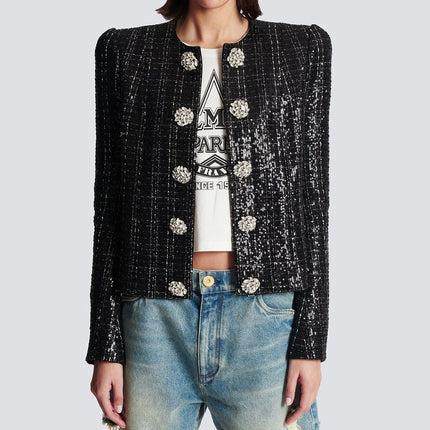 Elisa Black Tweed Blazer with Silver Detailing and Jeweled Buttons