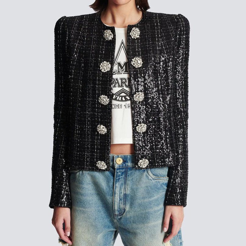 Elisa Black Tweed Blazer with Silver Detailing and Jeweled Buttons