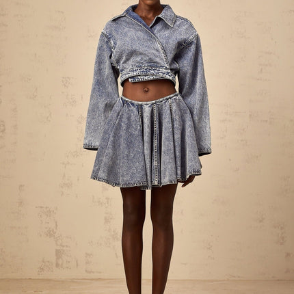 Elisa Blue Denim Mini Skirt with Shirred Effect