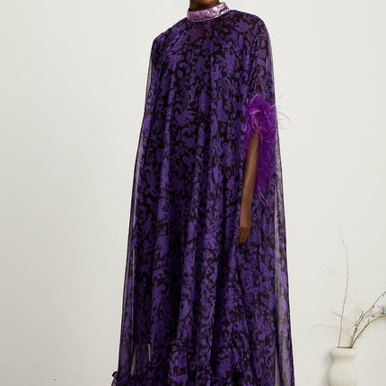 Elisa Purple Graphic Print Maxi Dress with Feather-Trimmed Cuffs