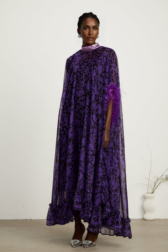 Elisa Purple Graphic Print Maxi Dress with Feather-Trimmed Cuffs