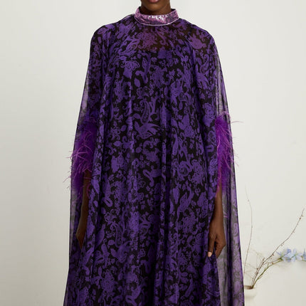 Elisa Purple Graphic Print Maxi Dress with Feather-Trimmed Cuffs