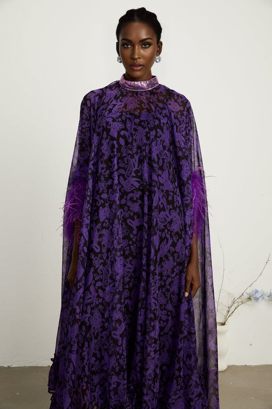 Elisa Purple Graphic Print Maxi Dress with Feather-Trimmed Cuffs