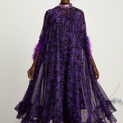 Elisa Purple Graphic Print Maxi Dress with Feather-Trimmed Cuffs