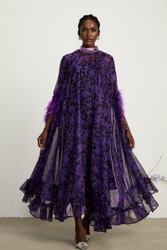 Elisa Purple Graphic Print Maxi Dress with Feather-Trimmed Cuffs
