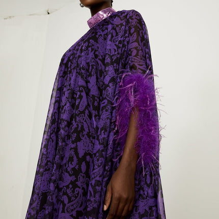 Elisa Purple Graphic Print Maxi Dress with Feather-Trimmed Cuffs
