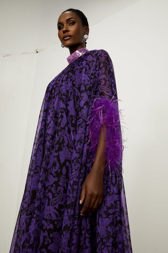 Elisa Purple Graphic Print Maxi Dress with Feather-Trimmed Cuffs