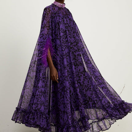 Elisa Purple Maxi Dress with Batwing Sleeves and Feather-Trimmed Cuffs in Graphic Print and Sequin Embellishments