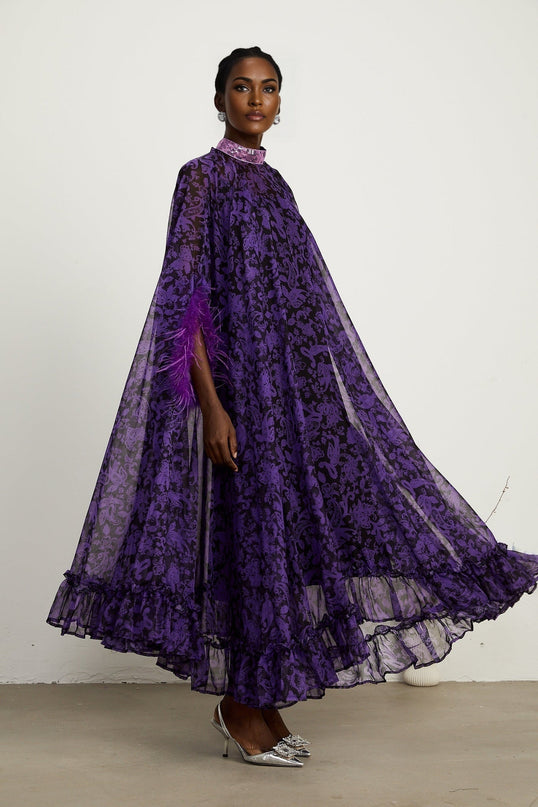 Elisa Purple Maxi Dress with Batwing Sleeves and Feather-Trimmed Cuffs in Graphic Print and Sequin Embellishments