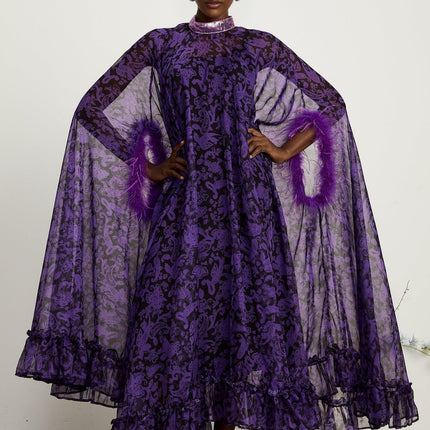 Elisa Purple Maxi Dress with Batwing Sleeves and Feather-Trimmed Cuffs