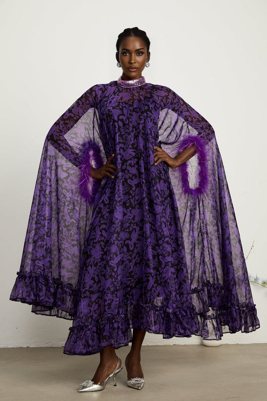 Elisa Purple Maxi Dress with Batwing Sleeves and Feather-Trimmed Cuffs