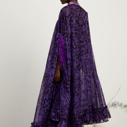 Elisa Purple Maxi Dress with Batwing Sleeves and Feather-Trimmed Cuffs
