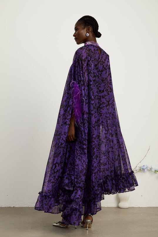 Elisa Purple Maxi Dress with Batwing Sleeves and Feather-Trimmed Cuffs