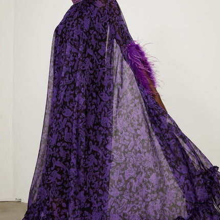 Elisa Purple Maxi Dress with Batwing Sleeves and Feather-Trimmed Cuffs