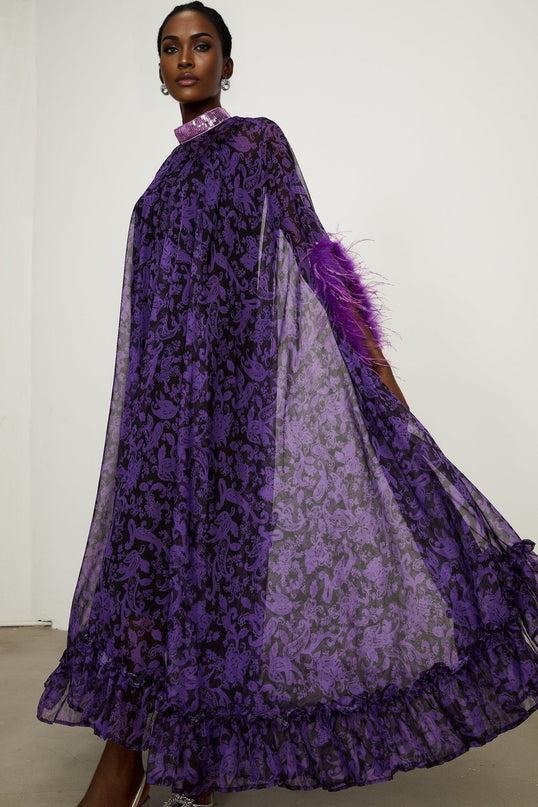 Elisa Purple Maxi Dress with Batwing Sleeves and Feather-Trimmed Cuffs