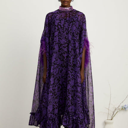 Elisa Purple Maxi Dress with Batwing Sleeves and Feather-Trimmed Cuffs