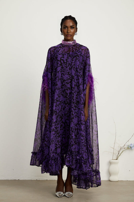 Elisa Purple Maxi Dress with Batwing Sleeves and Feather-Trimmed Cuffs